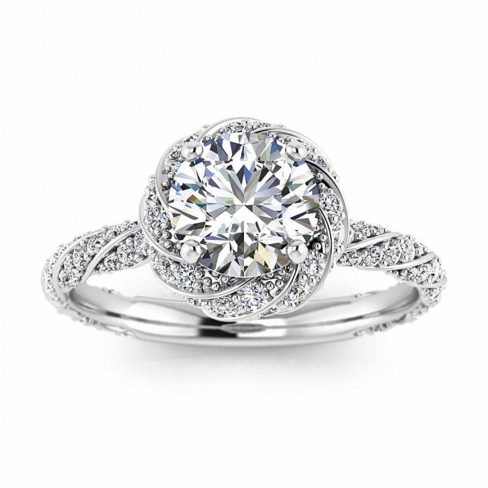 White Gold Twisted Halo Moissanite Ring (3/7 Ct. Tw.) Paved Twisted Band, Paved Twisted Halo, High Profile, Moissanite Engagement RingUrsula