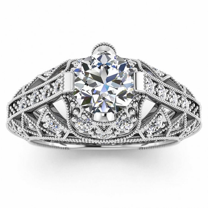 White Gold Filigree Moissanite Ring (2/5 Ct. Tw.) Intricate Milgrained Gallery,Hand Engraved Band, tulip Styled Setting Profile,Willa