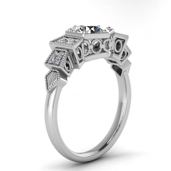 White Gold Antique Design Moissanite Ring (1/6 Ct. Tw.) Milgrain, Vintage Style, Open Setting, Hexagon, Pave Accents, Zoie