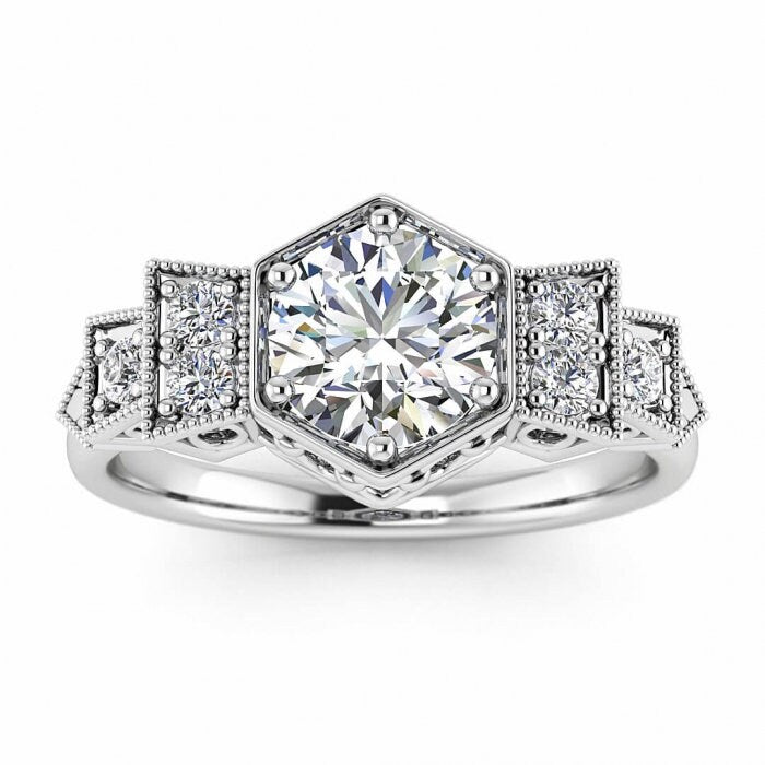 White Gold Antique Design Moissanite Ring (1/6 Ct. Tw.) Milgrain, Vintage Style, Open Setting, Hexagon, Pave Accents, Zoie