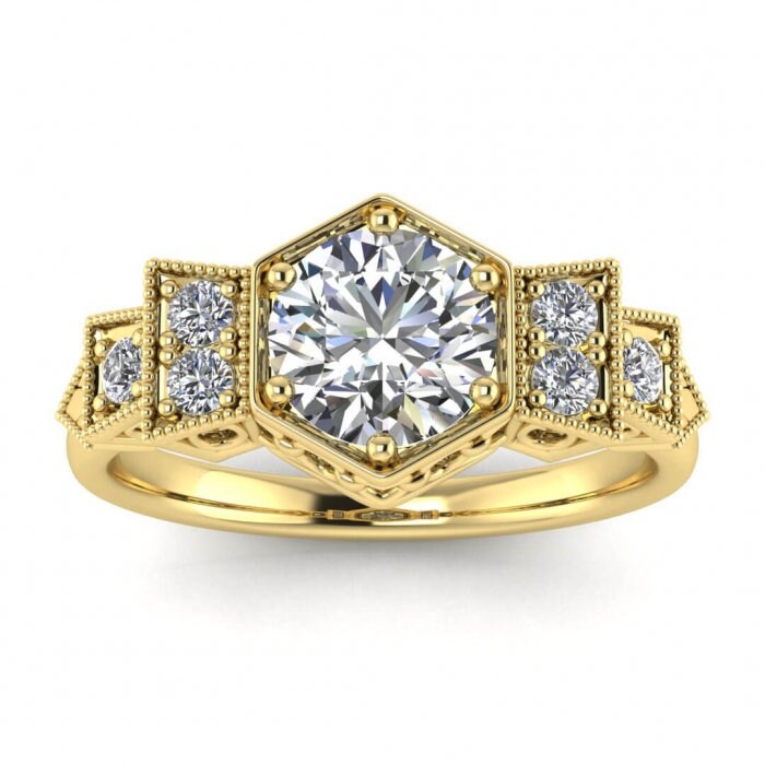 White Gold Antique Design Moissanite Ring (1/6 Ct. Tw.) Milgrain, Vintage Style, Open Setting, Hexagon, Pave Accents, Zoie