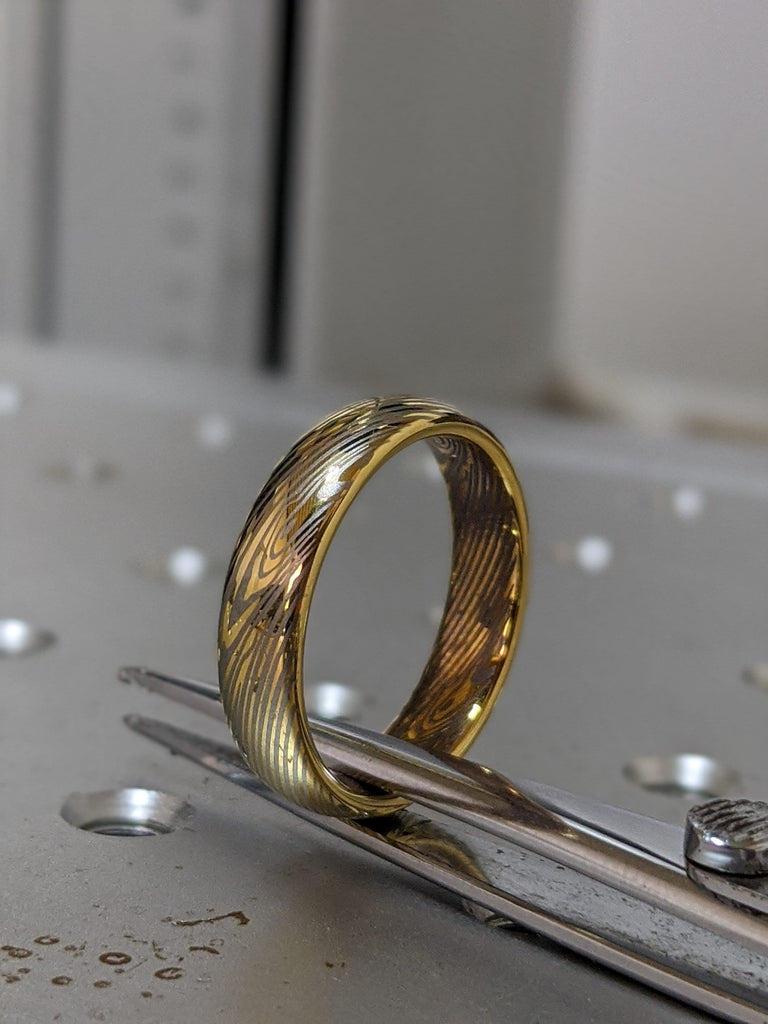 Yellow Gold Plated Mokume Gane Tungsten - Forged Ring- Mokume Band - Damascus Ring- Two Color Mokume- Mokume Wedding Bands - Mokumegane