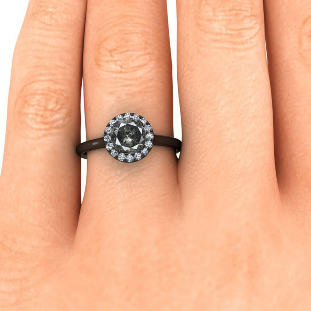 Raw Salt And Pepper Diamond Ring Black Gold Delicate Halo Salt And Pepper Diamond Ring (1/5 Ct. Tw.)Scalloped Pave Halo,Bridged Shank, Anne