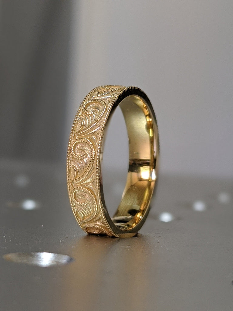 Gold Unique Engraved Wedding Ring, Art Deco Scroll Style Wedding Band, Hand Milgrain Men's Gold Ring, New Vintage 5mm Flat Wedding Ring