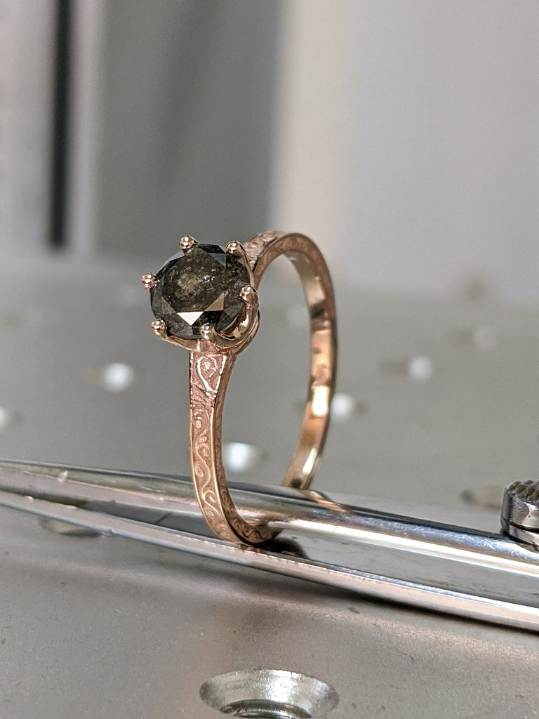 Rose Gold Raw Salt and Pepper Diamond /White /Yellow Gold Engagement Ring Art Deco 1920's Inspired Thin Petite Band 14k Unique Ring for Her