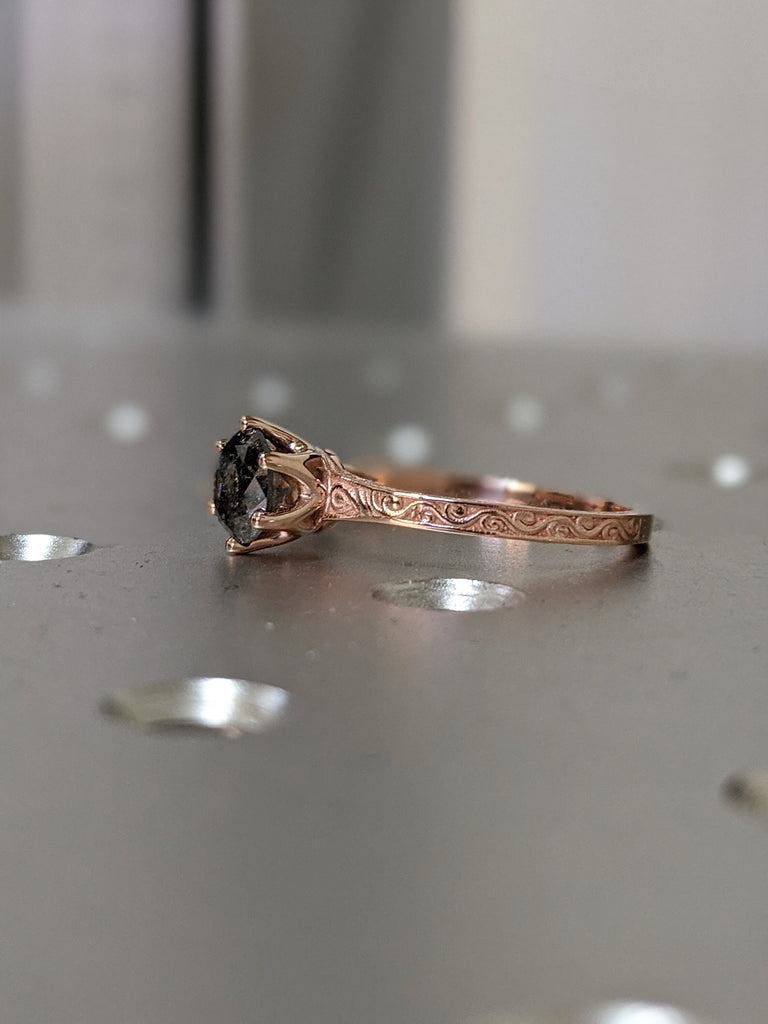 Rose Gold Raw Salt and Pepper Diamond /White /Yellow Gold Engagement Ring Art Deco 1920's Inspired Thin Petite Band 14k Unique Ring for Her