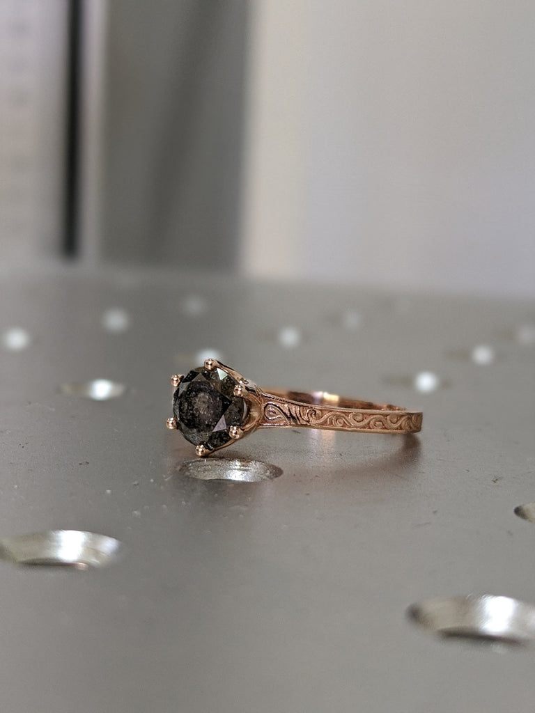 Rose Gold Raw Salt and Pepper Diamond /White /Yellow Gold Engagement Ring Art Deco 1920's Inspired Thin Petite Band 14k Unique Ring for Her