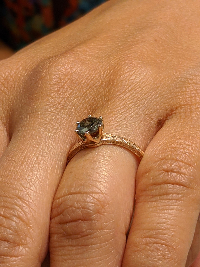 Rose Gold Raw Salt and Pepper Diamond /White /Yellow Gold Engagement Ring Art Deco 1920's Inspired Thin Petite Band 14k Unique Ring for Her