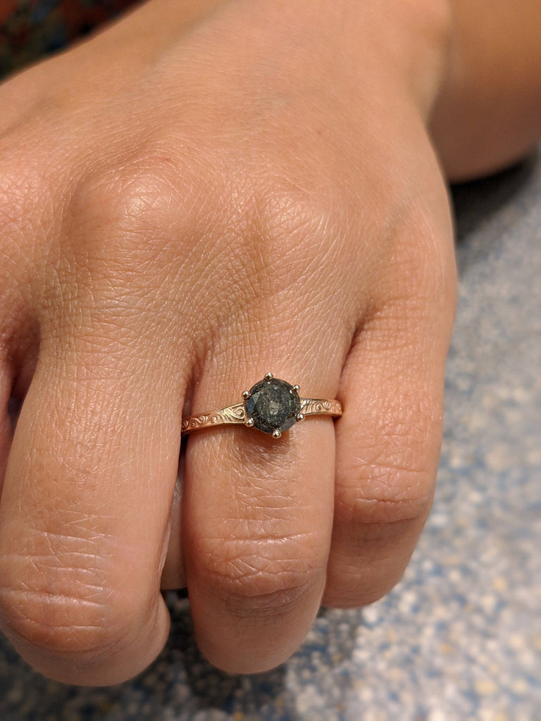 Rose Gold Raw Salt and Pepper Diamond /White /Yellow Gold Engagement Ring Art Deco 1920's Inspired Thin Petite Band 14k Unique Ring for Her