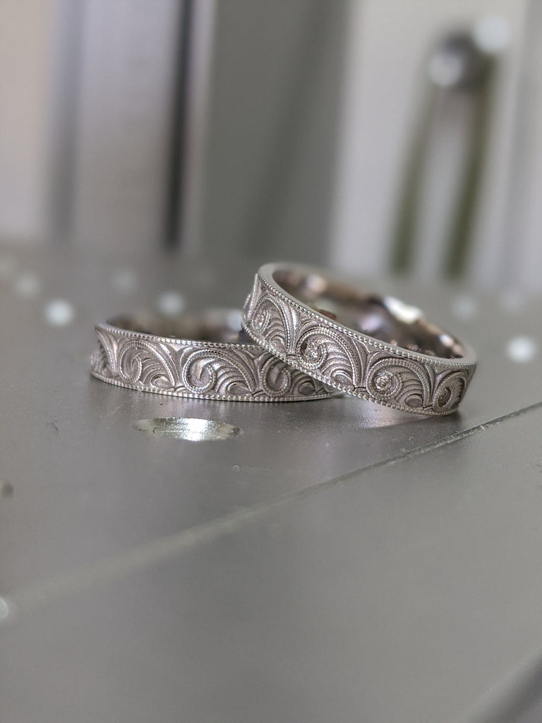 Matching Diamond Engraved Wedding Ring, Art Deco Scroll Style Wedding Set, Hand Milgrain Men's Gold Ring, New Vintage 5mm Flat Matching Set