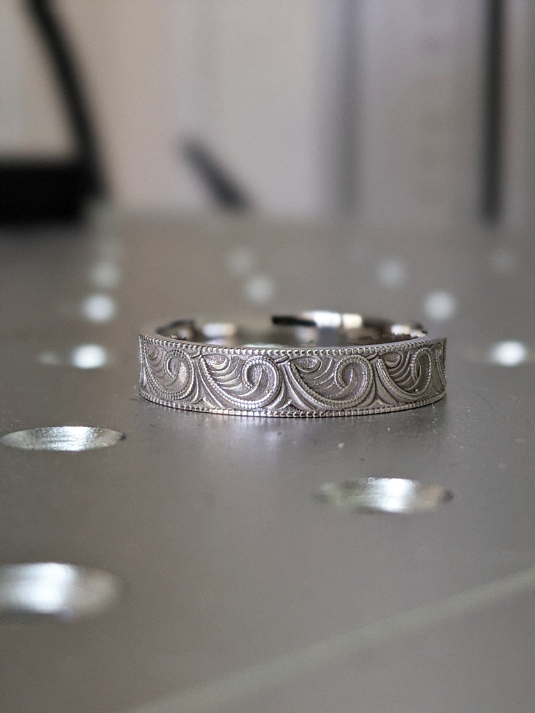 Unique Engraved Wedding Ring, Art Deco Scroll Style Wedding Band, Hand Milgrain Men's Gold Ring, New Vintage 5mm Flat Wedding Ring