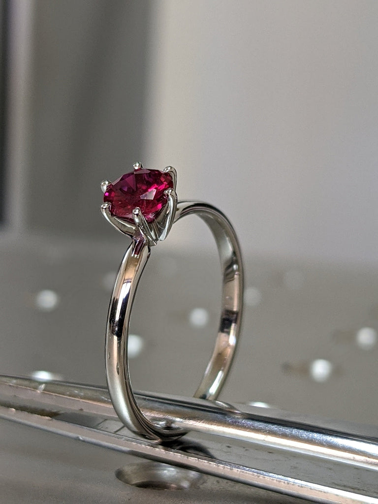 14k rose gold Briar classic ruby engagement ring, petite band, rounded prongs. 6 Prongs Solitaire Ruby Engagement Ring