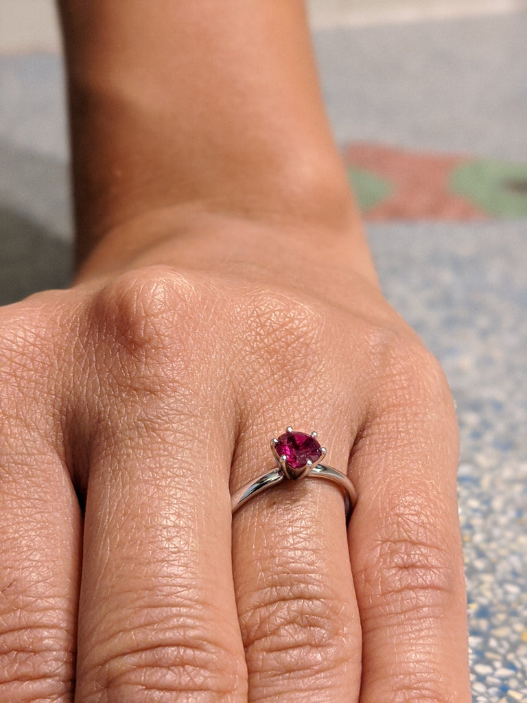 14k rose gold Briar classic ruby engagement ring, petite band, rounded prongs. 6 Prongs Solitaire Ruby Engagement Ring