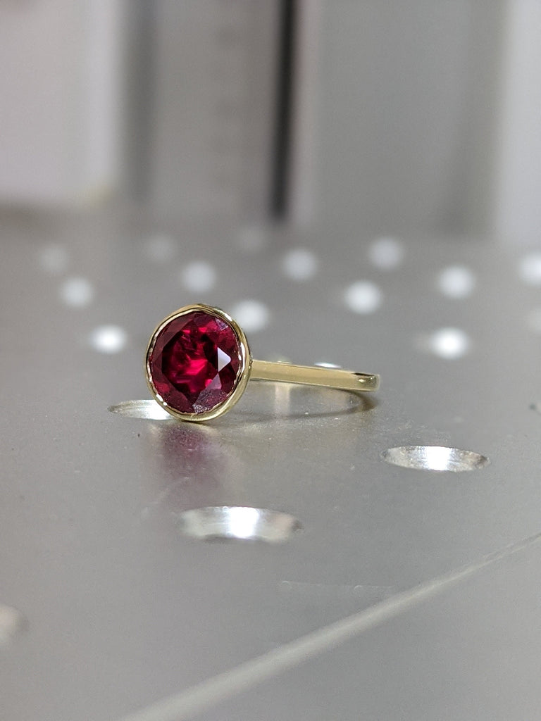 14k rose gold floating bezel ruby ring, ruby engagement ring, ruby solitaire ring, unique ruby ring, floating bezel, rounded band ,