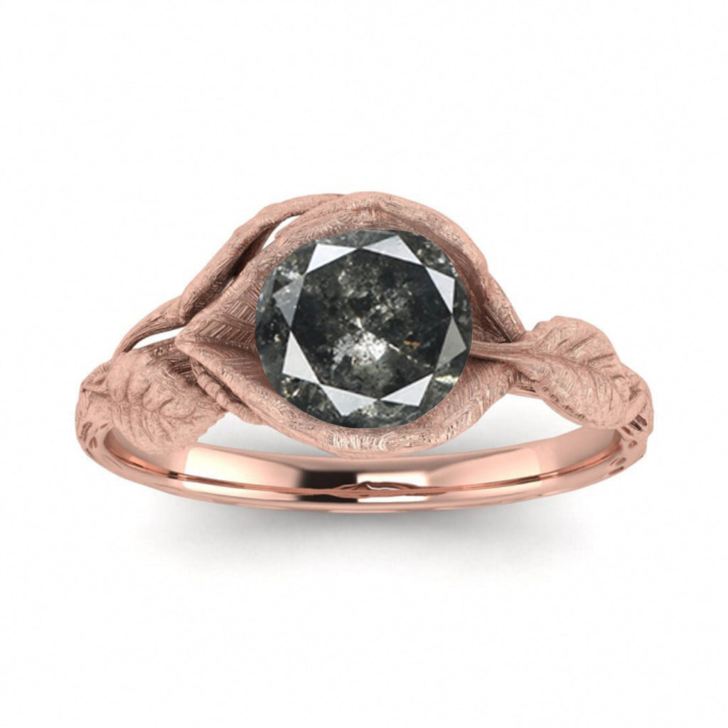 Raw Salt And Pepper Diamond Ring White Gold Brushed Lotus Flower Ring, Salt And Pepper Engagement Ring,Lotus Ring,Leaf Ring,Vintage, Bijou