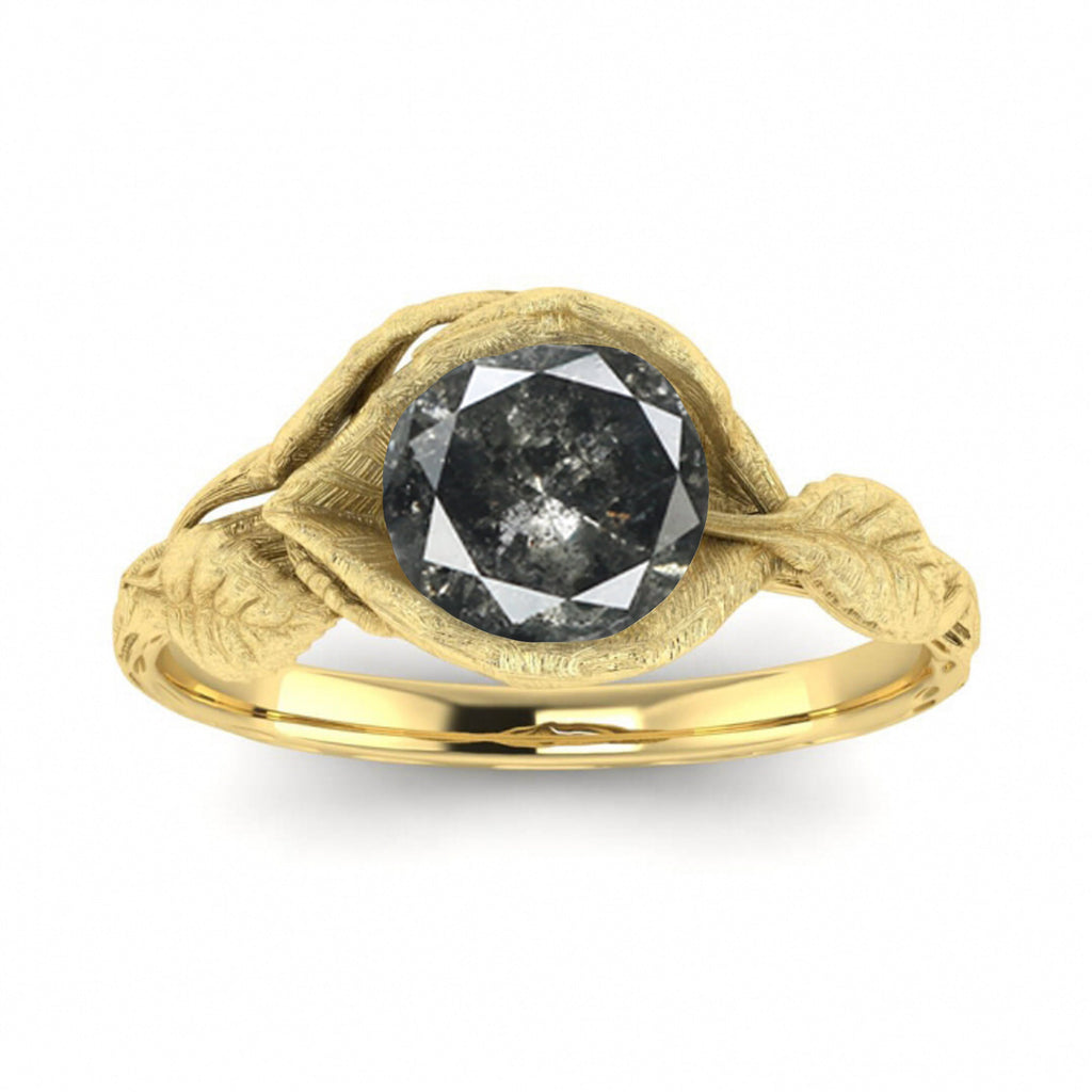 Raw Salt And Pepper Diamond Ring White Gold Brushed Lotus Flower Ring, Salt And Pepper Engagement Ring,Lotus Ring,Leaf Ring,Vintage, Bijou