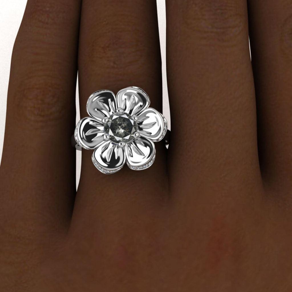 Raw Salt And Pepper Diamond Ring White Gold Salt And Pepper Diamond Flower Ring (1/5 Ct. Tw.)Pave Encrusted Flower,6 Prong Setting, Cantata
