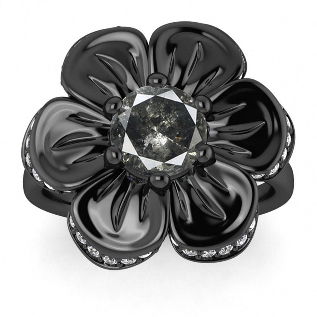 Raw Salt And Pepper Diamond Ring White Gold Salt And Pepper Diamond Flower Ring (1/5 Ct. Tw.)Pave Encrusted Flower,6 Prong Setting, Cantata