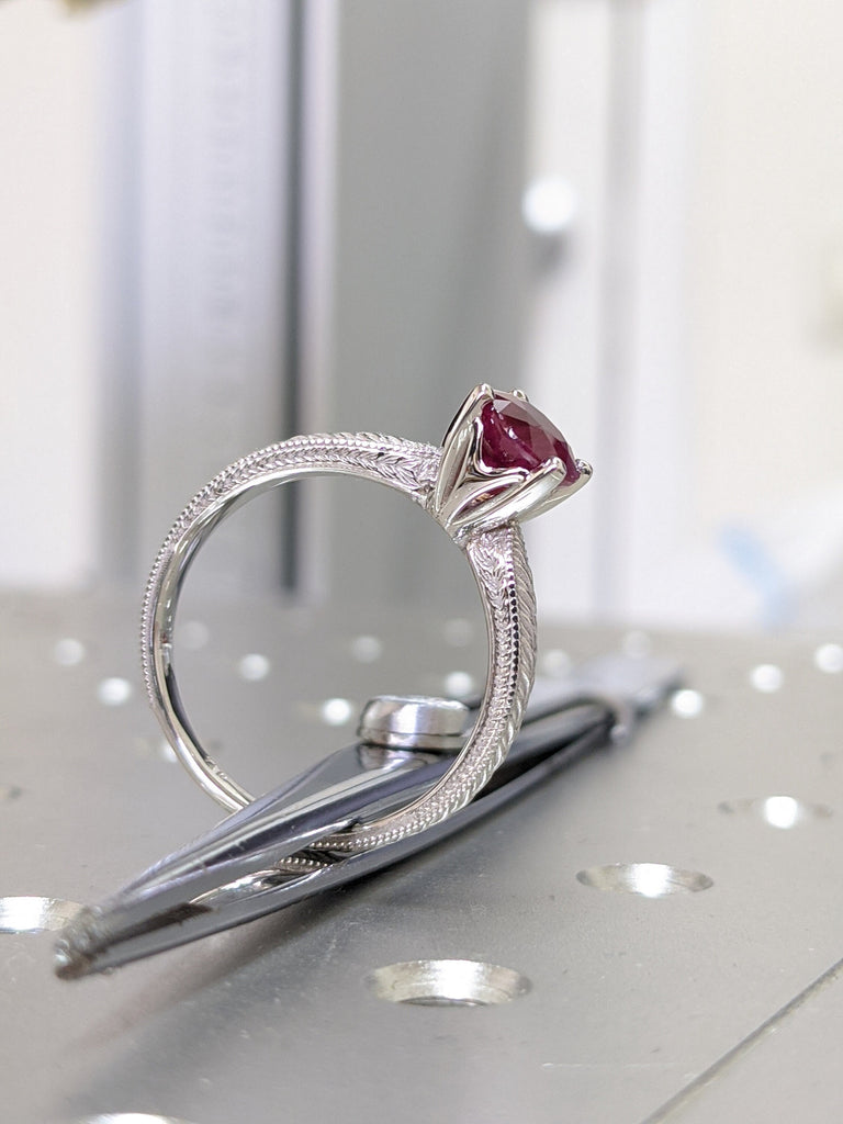 2ct Ruby Engagement Ring, 14k White Gold Maribel Hand Engraved Ruby Vintage Ring, Vintage Ruby Ring, Engraved Unique Ruby Engagement Ring