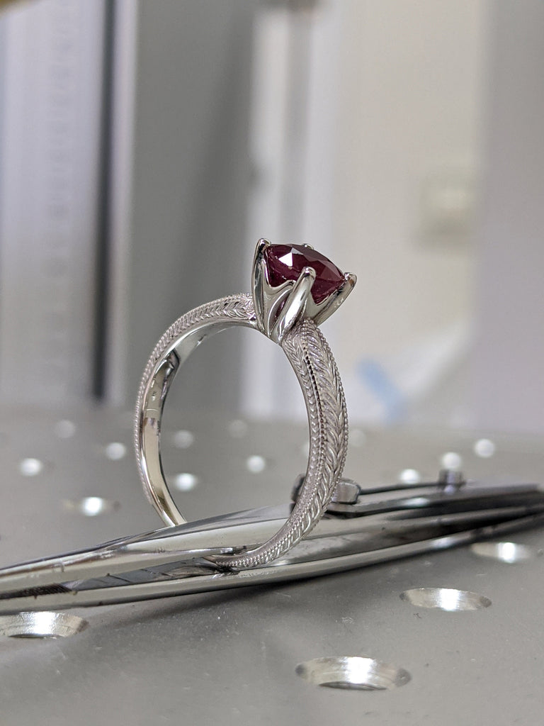 2ct Ruby Engagement Ring, 14k White Gold Maribel Hand Engraved Ruby Vintage Ring, Vintage Ruby Ring, Engraved Unique Ruby Engagement Ring