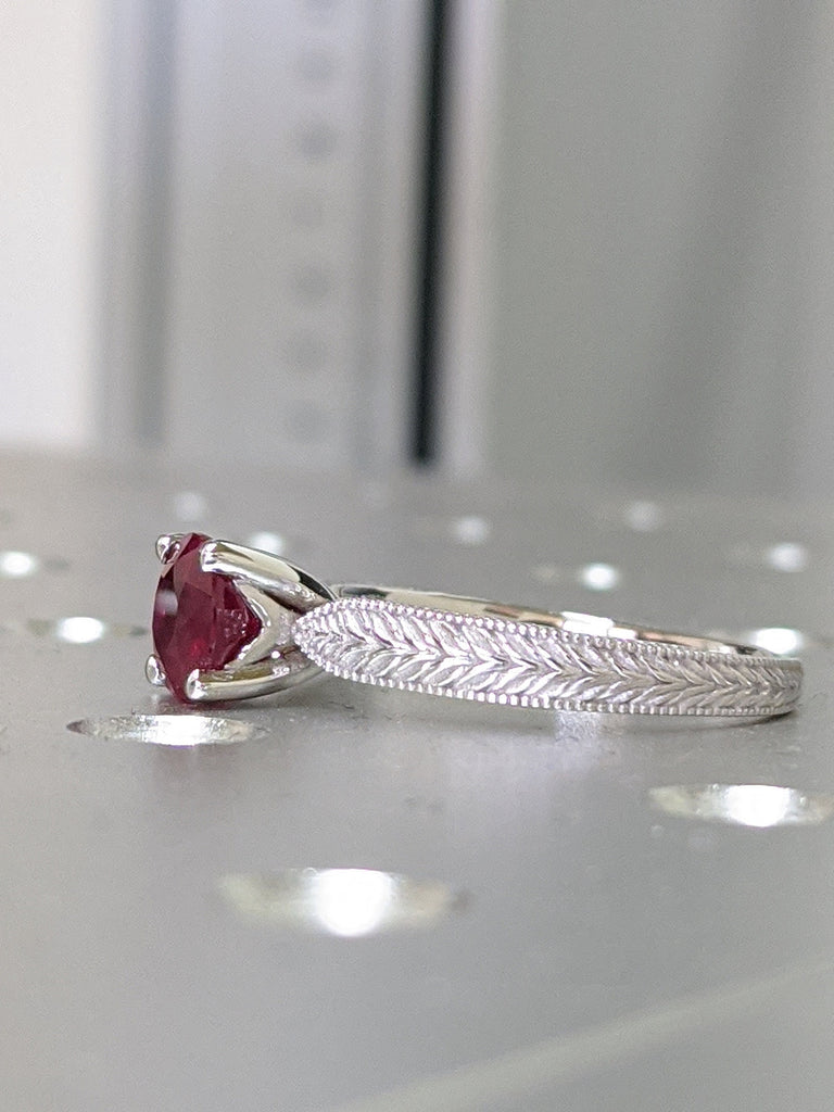 2ct Ruby Engagement Ring, 14k White Gold Maribel Hand Engraved Ruby Vintage Ring, Vintage Ruby Ring, Engraved Unique Ruby Engagement Ring