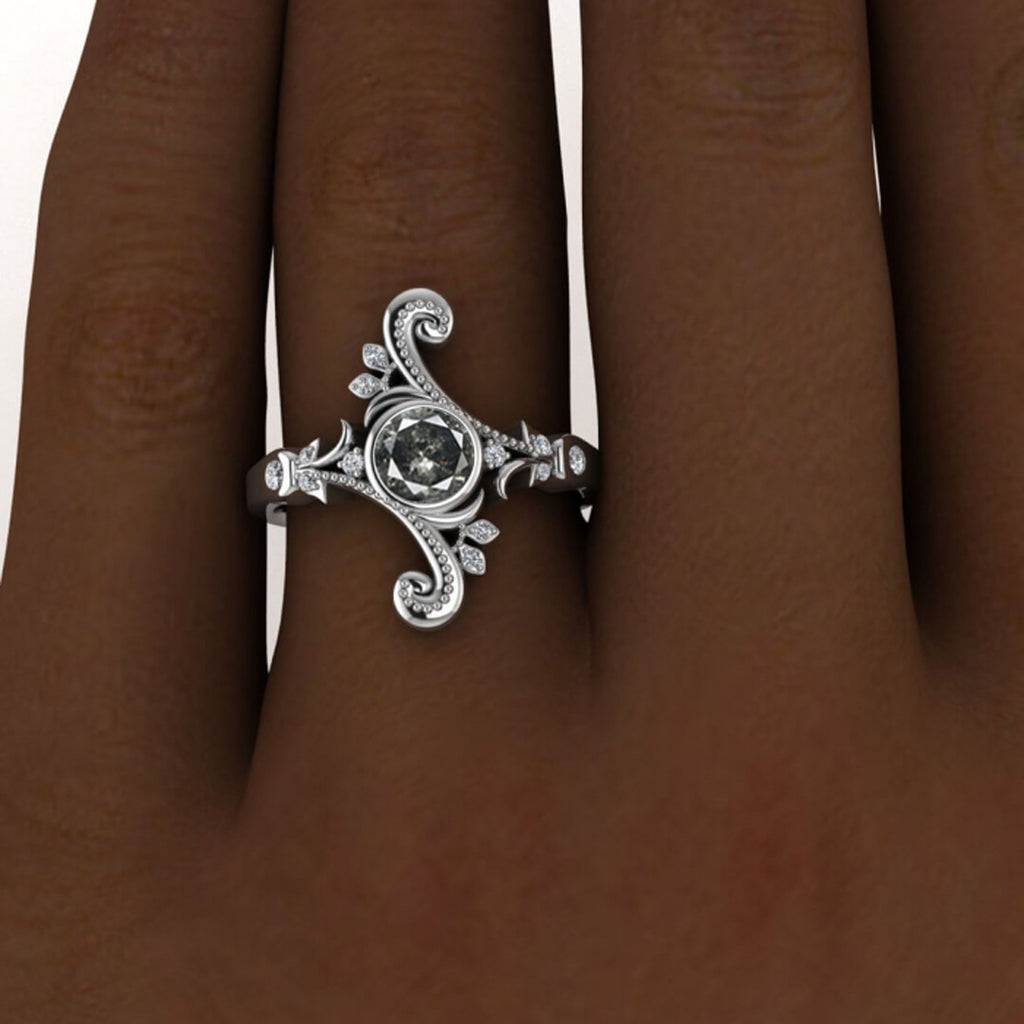 Raw Salt And Pepper Diamond Ring White Gold Unique Salt And Pepper Diamond Engagement Ring (1/8 Ct. Tw.)Bezel Ring,Tapered Shoulders,Hadley
