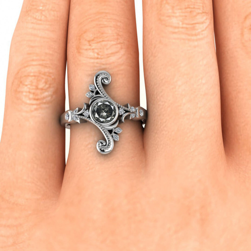 Raw Salt And Pepper Diamond Ring White Gold Unique Salt And Pepper Diamond Engagement Ring (1/8 Ct. Tw.)Bezel Ring,Tapered Shoulders,Hadley