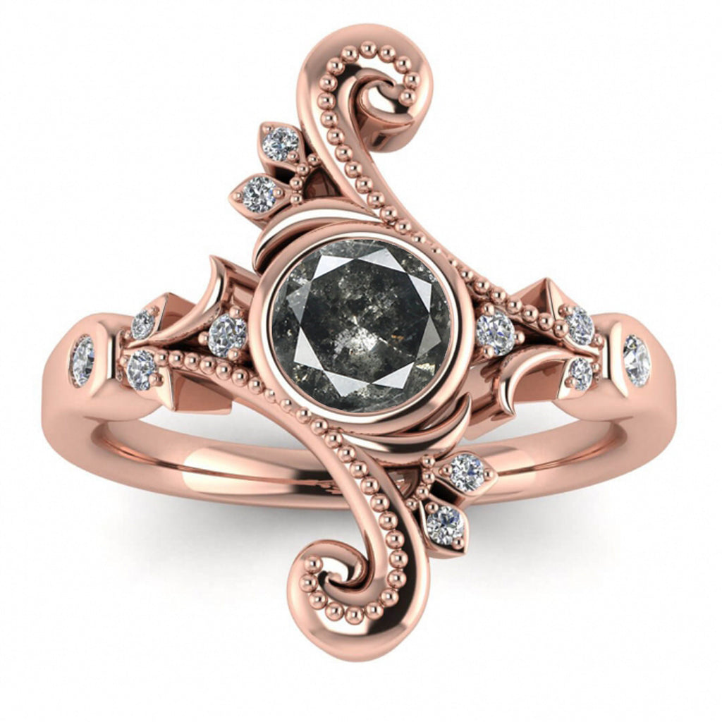 Raw Salt And Pepper Diamond Ring White Gold Unique Salt And Pepper Diamond Engagement Ring (1/8 Ct. Tw.)Bezel Ring,Tapered Shoulders,Hadley