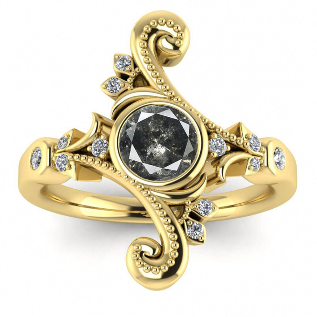 Raw Salt And Pepper Diamond Ring White Gold Unique Salt And Pepper Diamond Engagement Ring (1/8 Ct. Tw.)Bezel Ring,Tapered Shoulders,Hadley