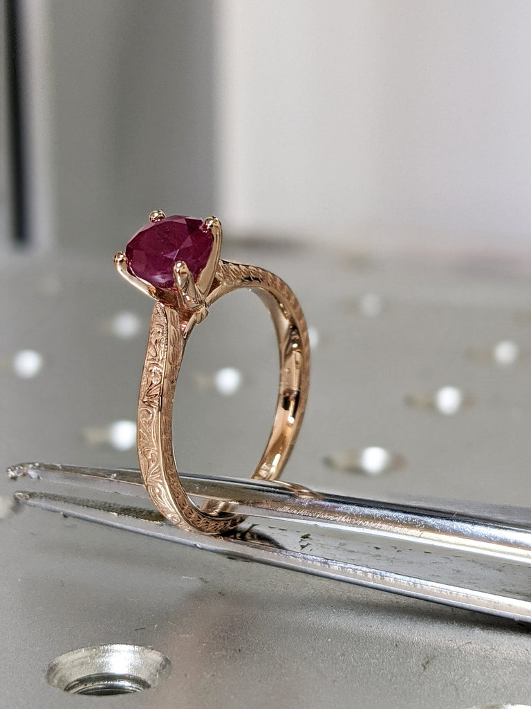 Vintage Ruby Engagement Ring 14k rose gold hand engraved ruby ring, cathedral setting, high profile prongs, hand engraving Everleigh