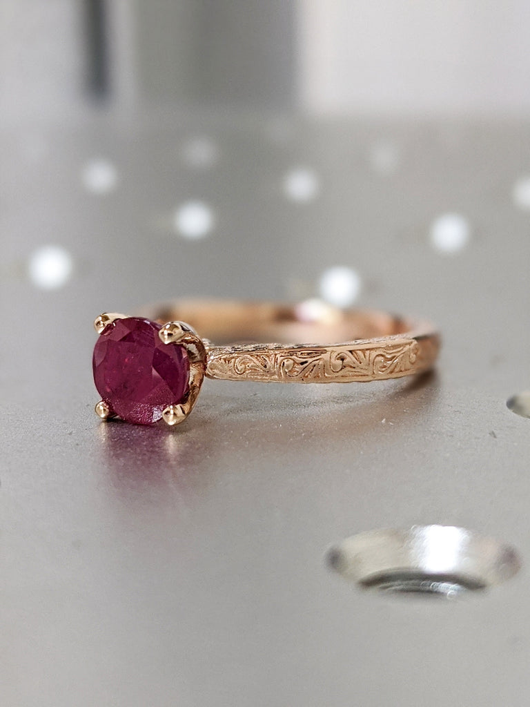 Vintage Ruby Engagement Ring 14k rose gold hand engraved ruby ring, cathedral setting, high profile prongs, hand engraving Everleigh