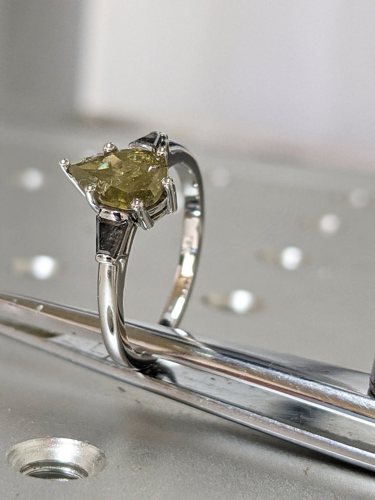Pear Shaped Salt And Pepper Diamond Set, Yellow Diamond Baguette Ring, Salt And Pepper Tapered Baguette Pear Ring, Pear Engagement Ring