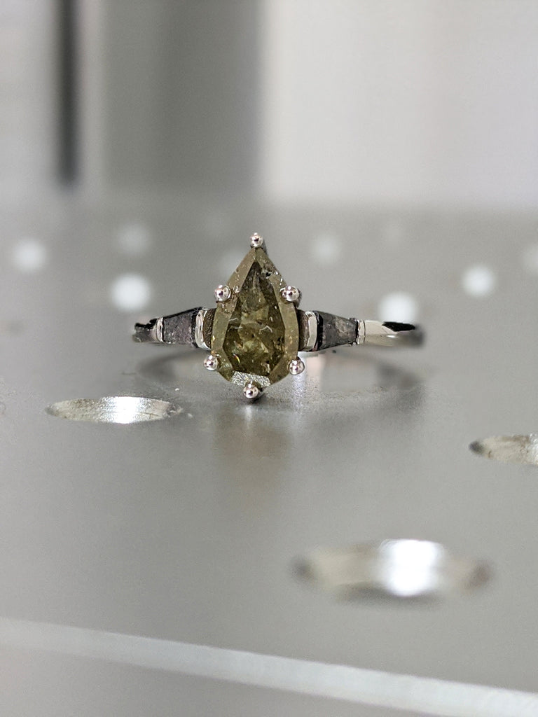 Pear Shaped Salt And Pepper Diamond Set, Yellow Diamond Baguette Ring, Salt And Pepper Tapered Baguette Pear Ring, Pear Engagement Ring