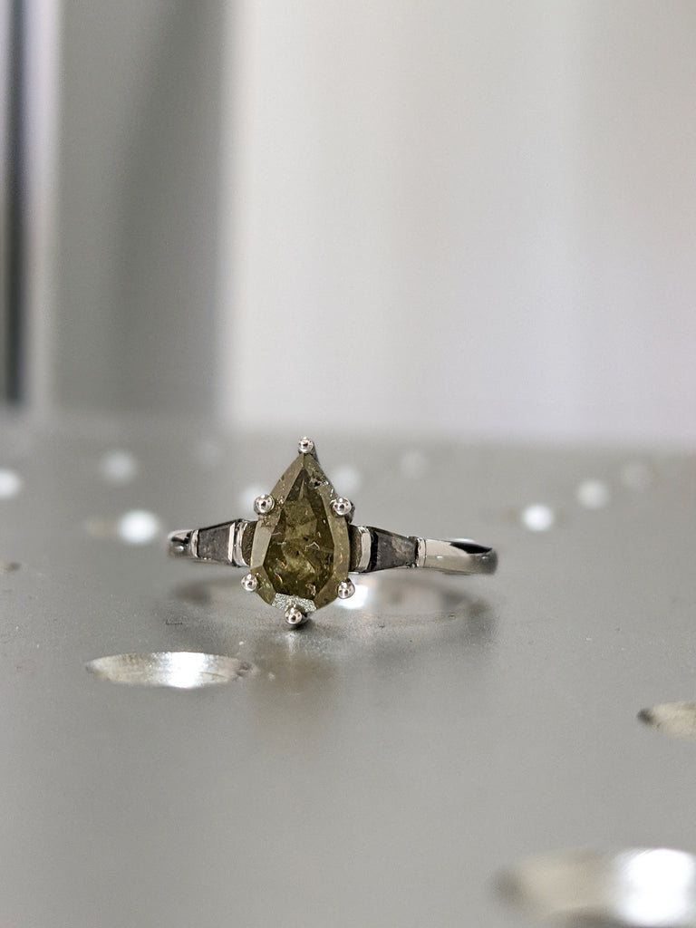 Pear Shaped Salt And Pepper Diamond Set, Yellow Diamond Baguette Ring, Salt And Pepper Tapered Baguette Pear Ring, Pear Engagement Ring