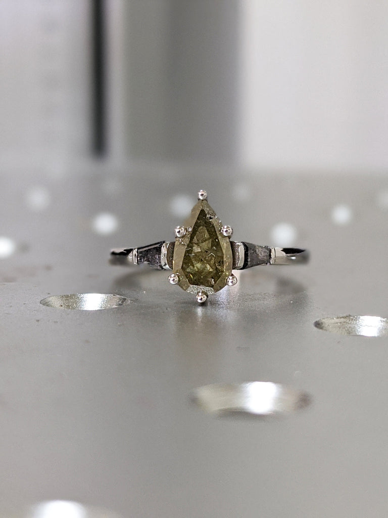 Pear Shaped Salt And Pepper Diamond Set, Yellow Diamond Baguette Ring, Salt And Pepper Tapered Baguette Pear Ring, Pear Engagement Ring
