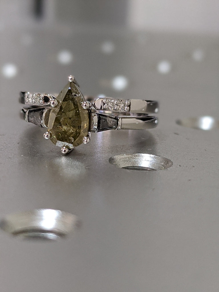 Pear Shaped Salt And Pepper Diamond Set, Yellow Diamond Baguette Ring, Salt And Pepper Tapered Baguette Pear Ring, Pear Engagement Ring