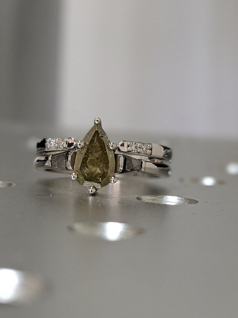 Pear Shaped Salt And Pepper Diamond Set, Yellow Diamond Baguette Ring, Salt And Pepper Tapered Baguette Pear Ring, Pear Engagement Ring