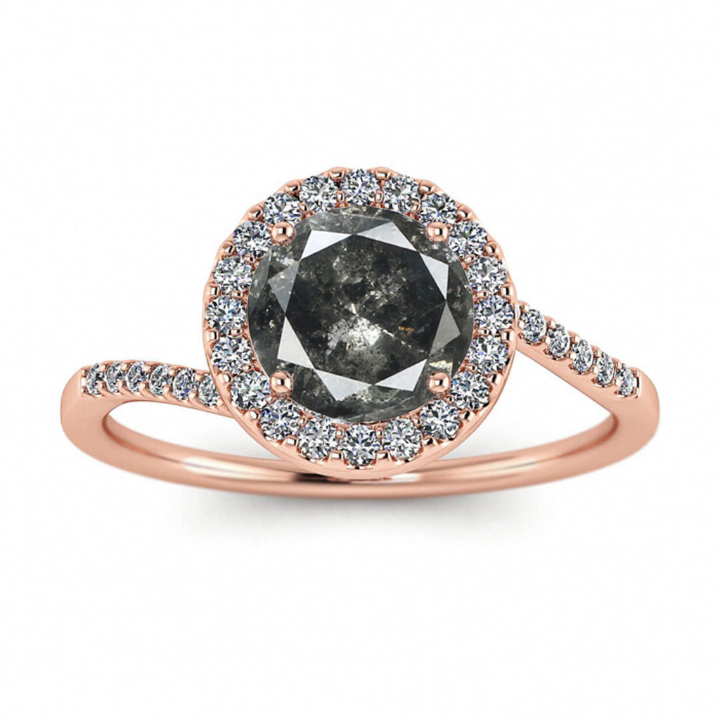 Raw Salt And Pepper Diamond Ring Rose Gold Petite Halo Salt And Pepper Diamond Ring(1/7 Ct. Tw.)Shared Prong,Unique,Petite,Paved Band,Swirl