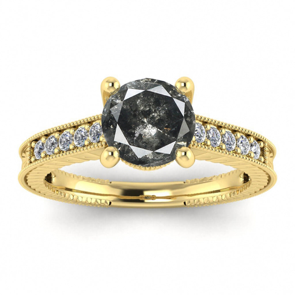 Raw Salt And Pepper Diamond Ring White Gold Salt And Pepper Diamond Ring (1/8 Ct. Tw.) Milgrain, Vintage Design,Hand Engraved Carving, Isla