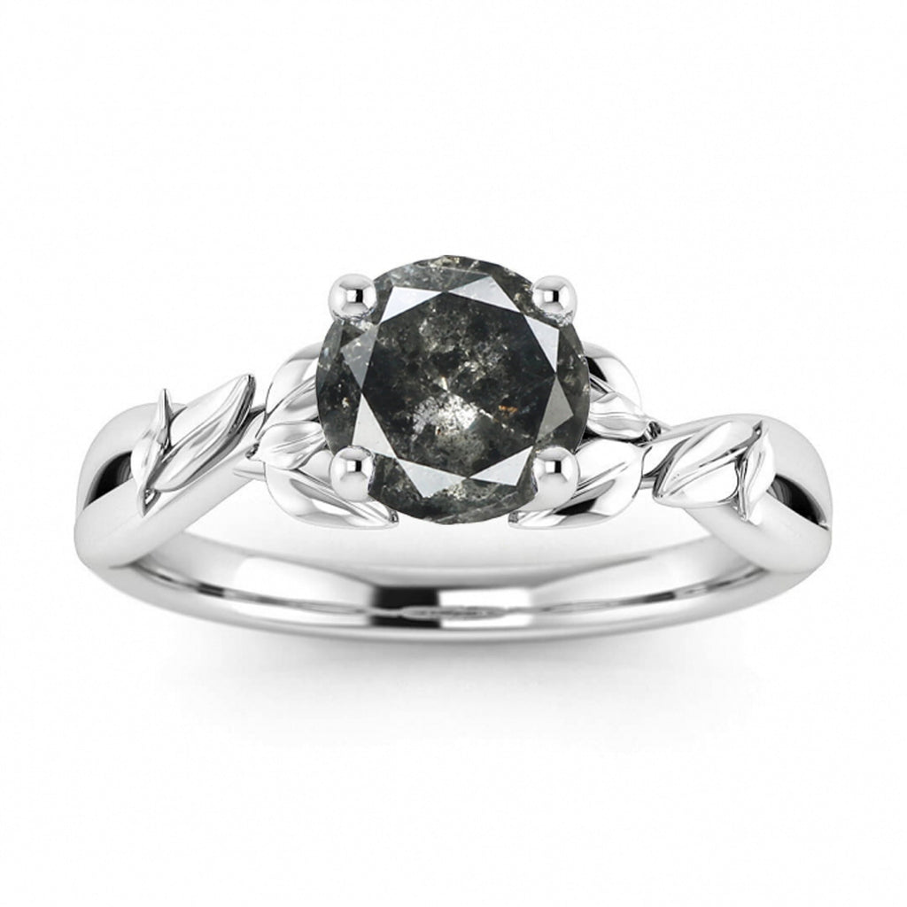 Raw Salt And Pepper Diamond Ring White Gold Split Shank Leaf Ring, Salt And Pepper Engagement Ring,Split Shank,Le Af Design,Intertwined,Lula