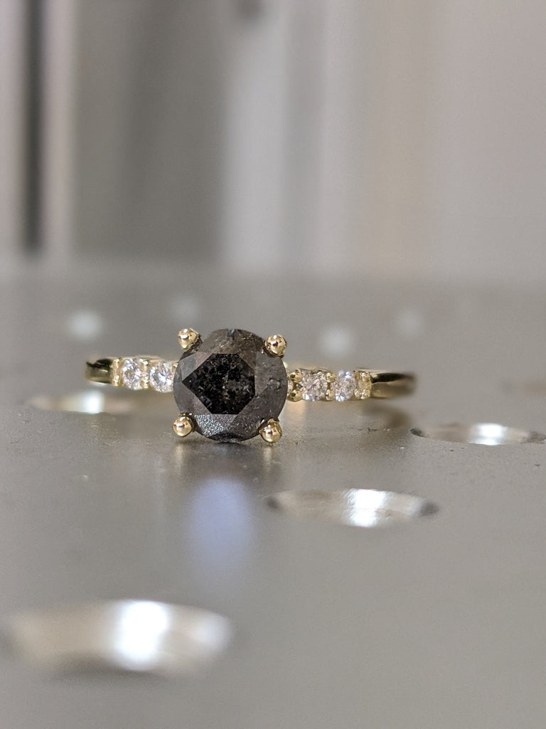 Black Salt And Pepper Diamond Ring, Rose Cut Salt And Pepper Diamond Engagement Ring, Grey Diamond Ring, Salt And Pepper Ring, Rustic Ring