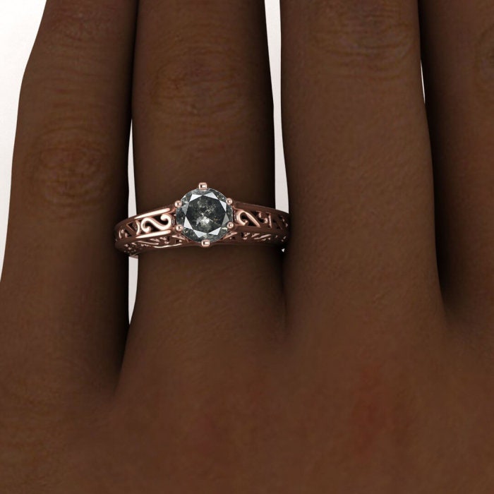 Raw Salt And Pepper Diamond Ring Rose Gold Unique Solitaire Ring Filigree Shank, Open Gallery, Six Prong,Engagement Ring,Unique Design, Roux