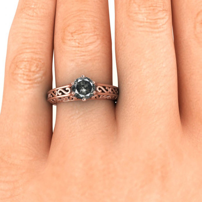 Raw Salt And Pepper Diamond Ring Rose Gold Unique Solitaire Ring Filigree Shank, Open Gallery, Six Prong,Engagement Ring,Unique Design, Roux