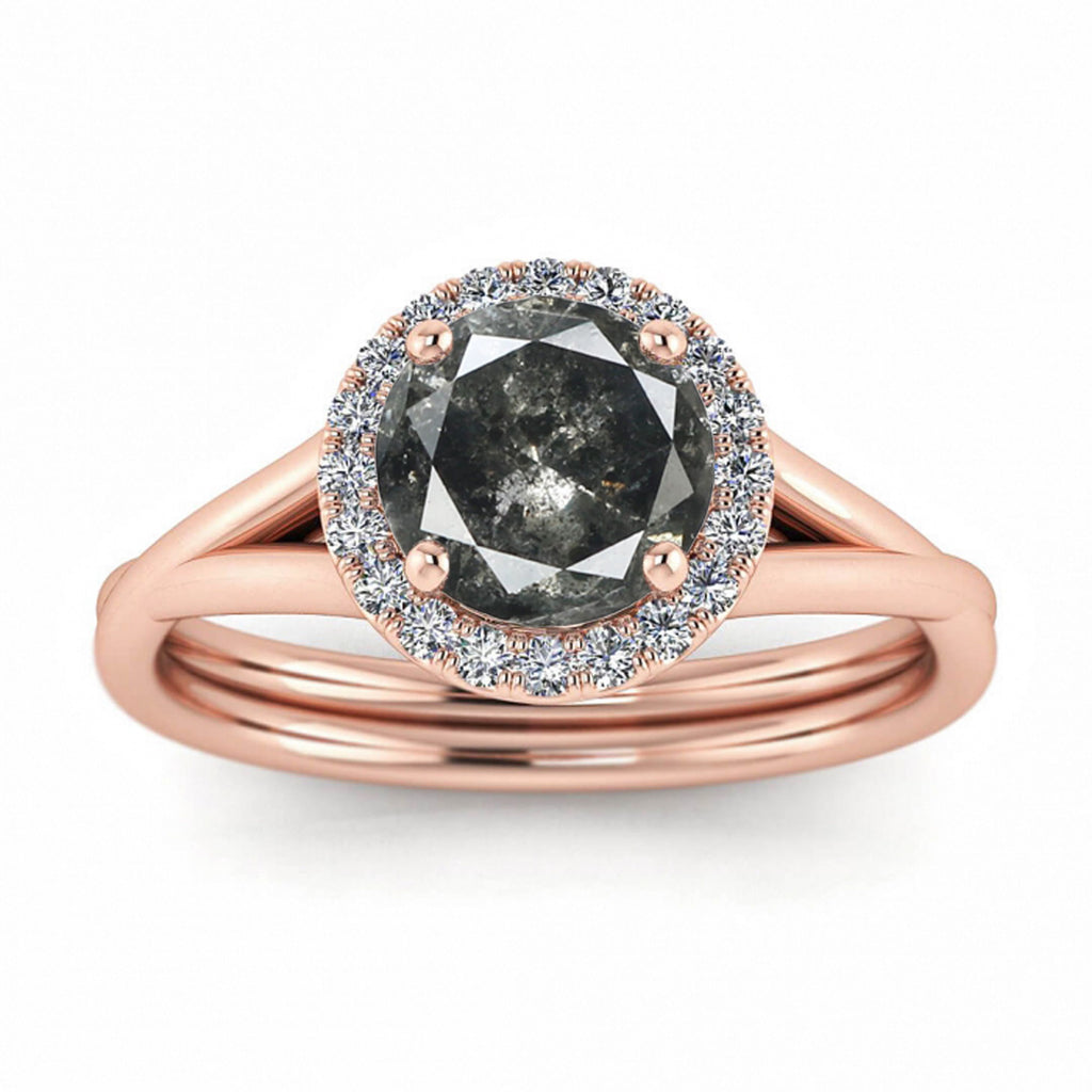 Raw Salt And Pepper Diamond Ring Rose Gold Double Band Salt And Pepper Diamond Halo (1/10 Ct. Tw.) Double Band, Open Gallery, Beverly