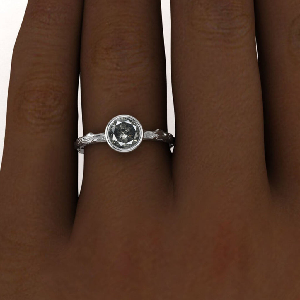 Raw Salt And Pepper Diamond Ring White Gold Bezel Set Engagement Ring, Bezel Setting,Vintage Inspired Engagement Ring,Unique Design, Verdad
