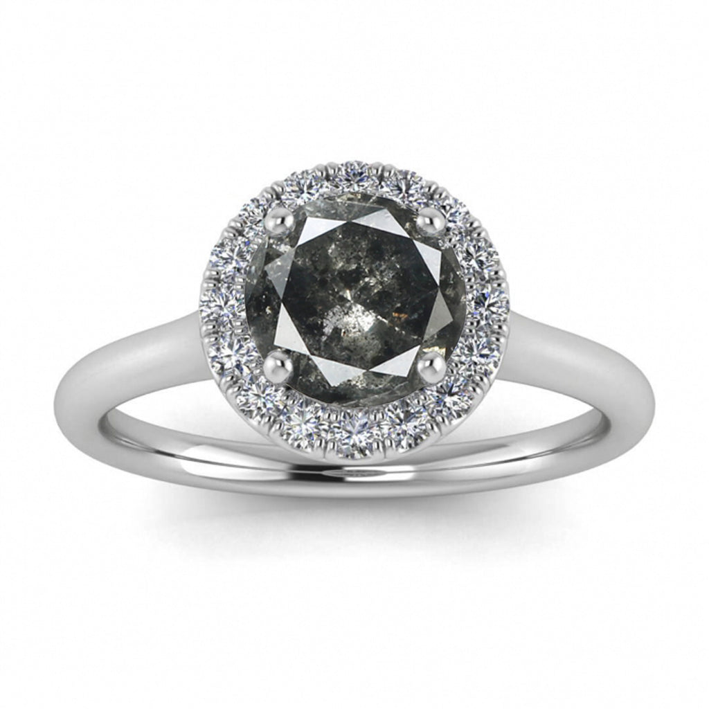 Raw Salt And Pepper Diamond Ring Black Gold Delicate Halo Salt And Pepper Diamond Ring (1/5 Ct. Tw.)Scalloped Pave Halo,Bridged Shank, Anne