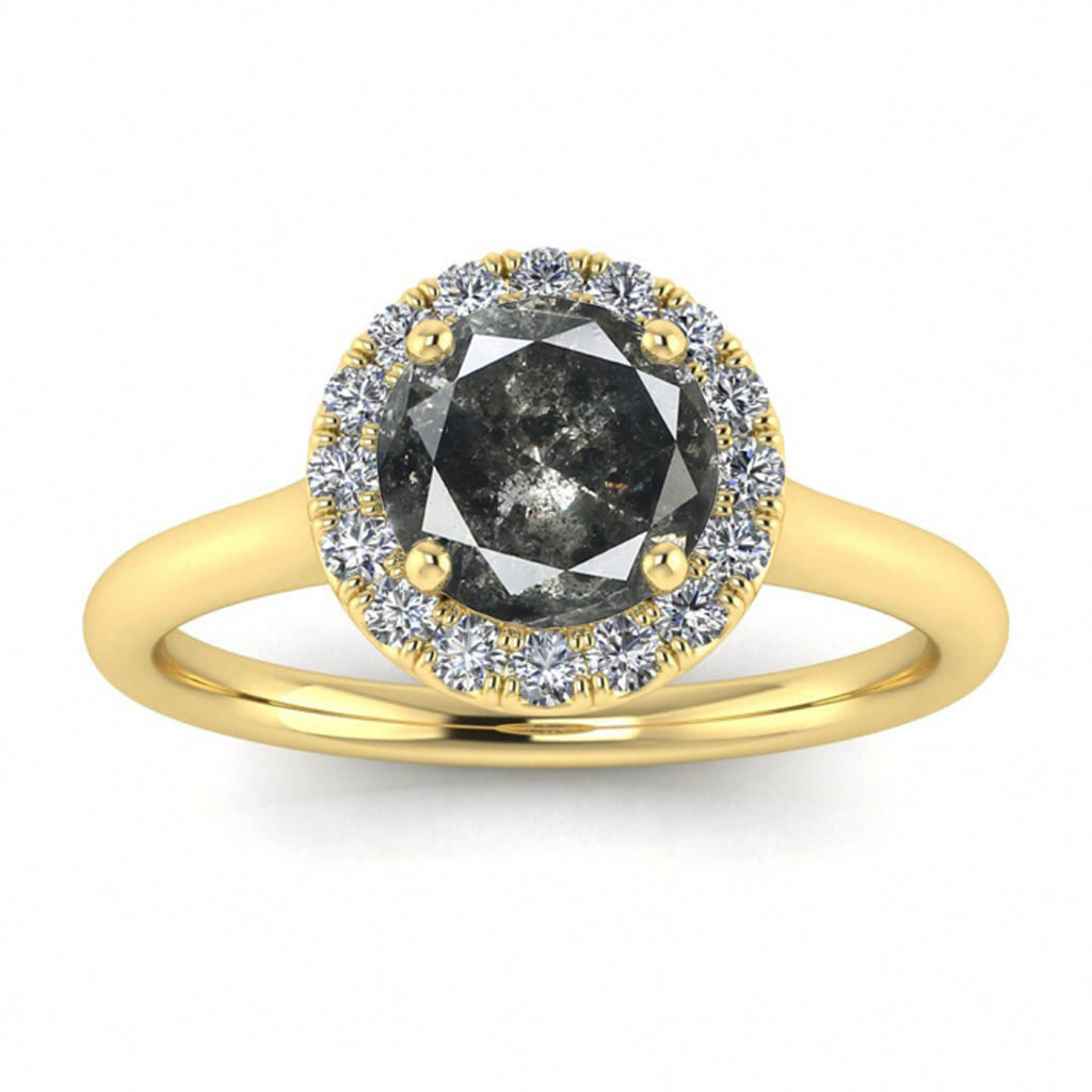 Raw Salt And Pepper Diamond Ring Black Gold Delicate Halo Salt And Pepper Diamond Ring (1/5 Ct. Tw.)Scalloped Pave Halo,Bridged Shank, Anne