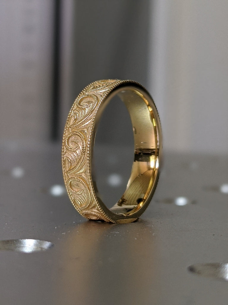 Gold Unique Engraved Wedding Ring, Art Deco Scroll Style Wedding Band, Hand Milgrain Men's Gold Ring, New Vintage 5mm Flat Wedding Ring