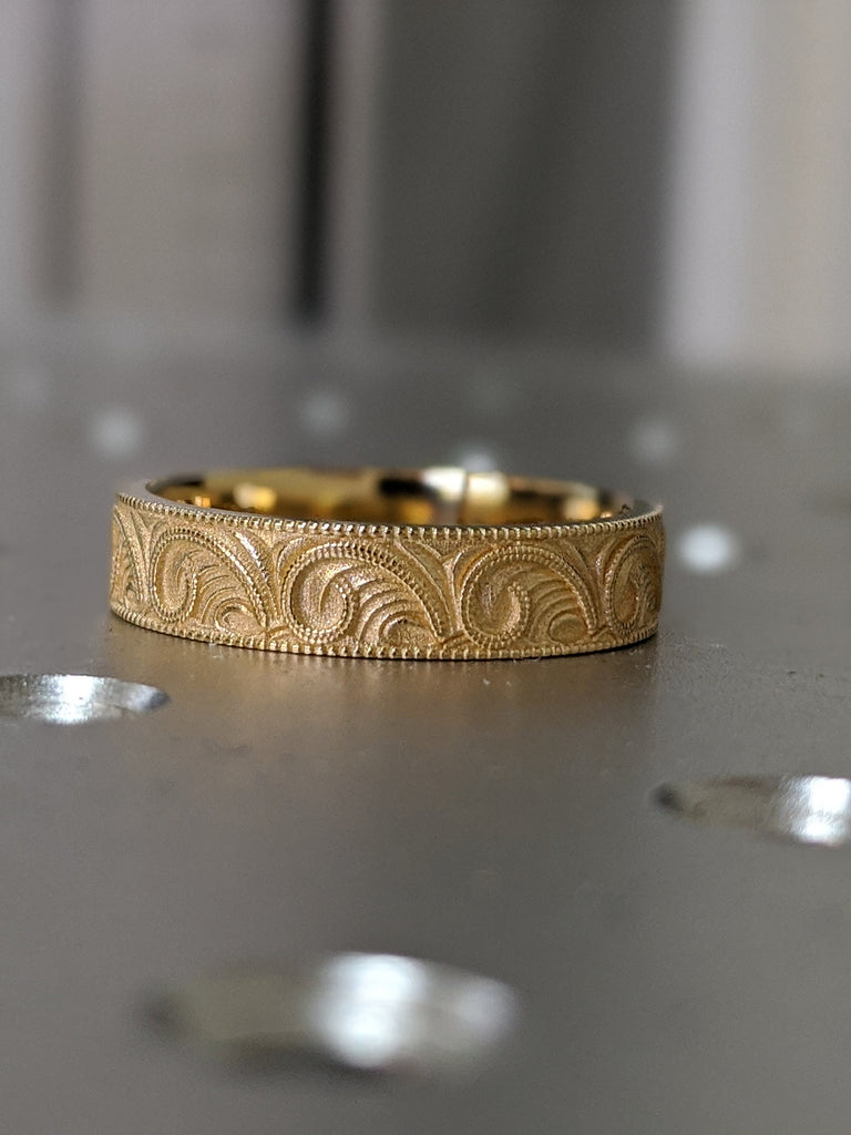 Gold Unique Engraved Wedding Ring, Art Deco Scroll Style Wedding Band, Hand Milgrain Men's Gold Ring, New Vintage 5mm Flat Wedding Ring