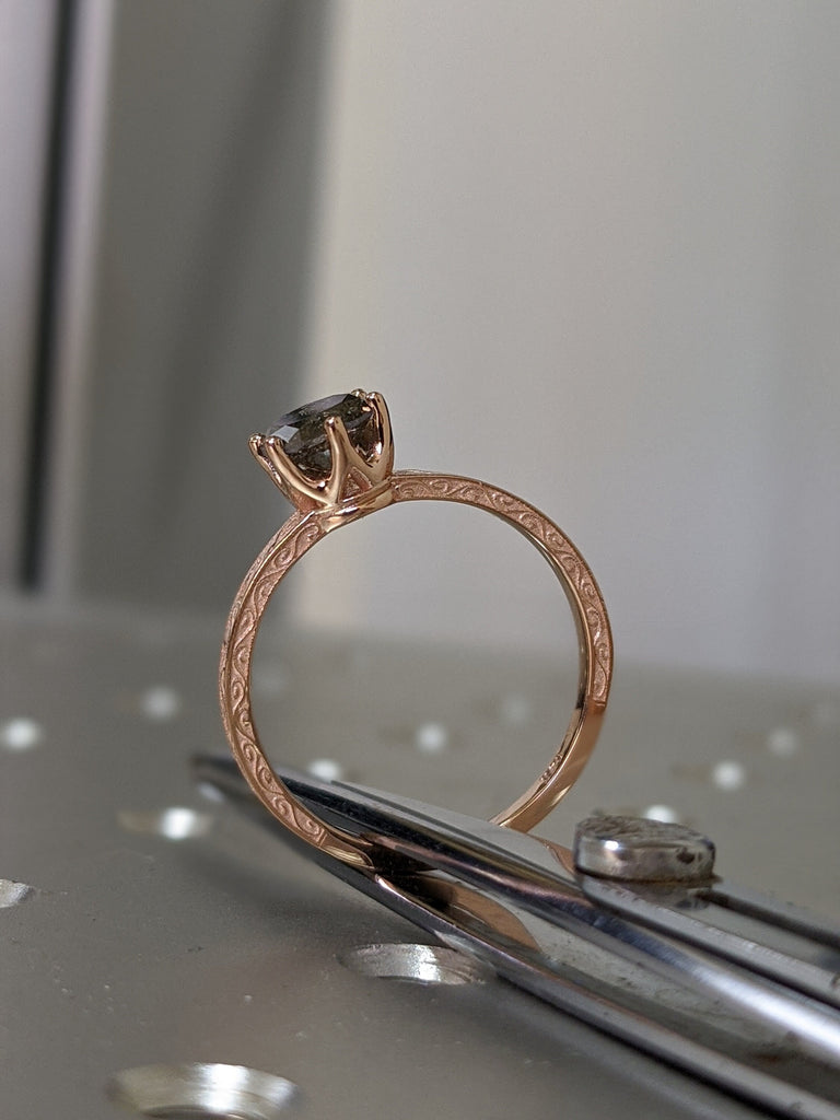 Rose Gold Raw Salt and Pepper Diamond /White /Yellow Gold Engagement Ring Art Deco 1920's Inspired Thin Petite Band 14k Unique Ring for Her